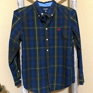 CHAPS boys button down shirt. Blue green, yellow, red plaid. Size L 14/16